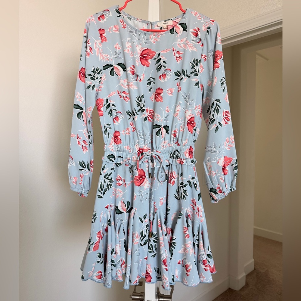 Floral Drawstring Waist Long Sleeve Dress - Light Blue & Pink